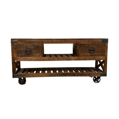 Table console à roulettes en bois massif brun et noir vieilli de 18 pouces avec étagères et tiroirs