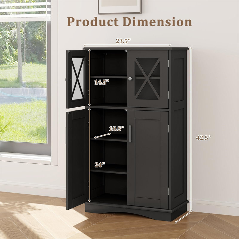 Black MDF Living Room Cabinet with Adjustable Shelving and Glass Doors