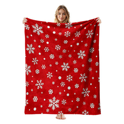 Plaid en flanelle polaire JYK pour Noël, léger, respirant, doux et chaud en microfibre pelucheuse, 102 x 127 cm, motif flocons de neige rouges