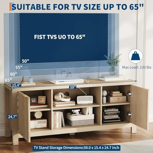 Meuble télé pour téléviseur de 65 po, console multimédia d'une capacité de 100 lb avec tablettes de rangement ouvertes