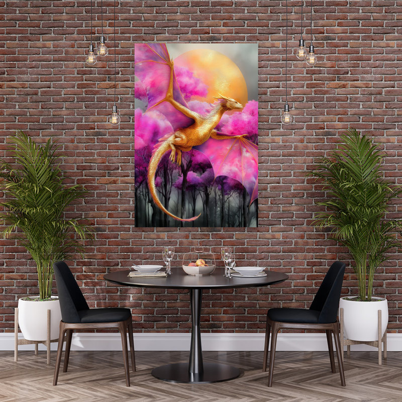 «Enchanted Golden Dragon Ethereal Mystical Vibrant Forest Landscape», art mural, H 60 po x l 40 po