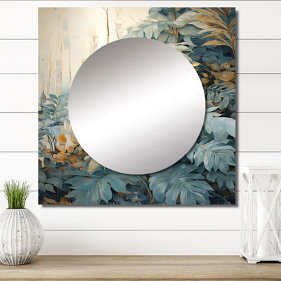 «White and Blue Tropical Expression I» - Miroir carré Jungle pour décoration murale