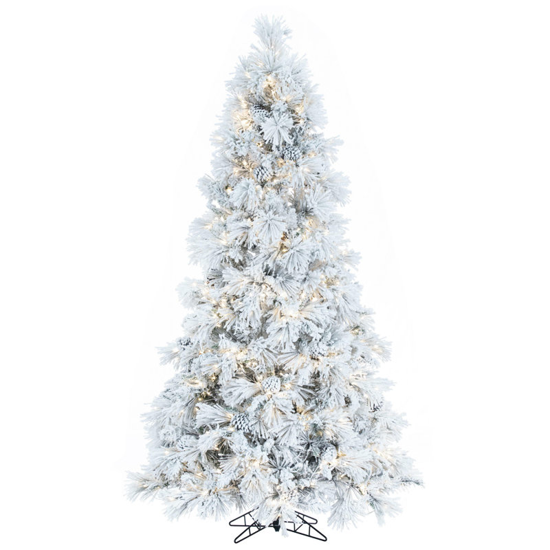 Atka Flocked Artificial Christmas Tree with LED Clear/White Lights with Stand, 6.5' H