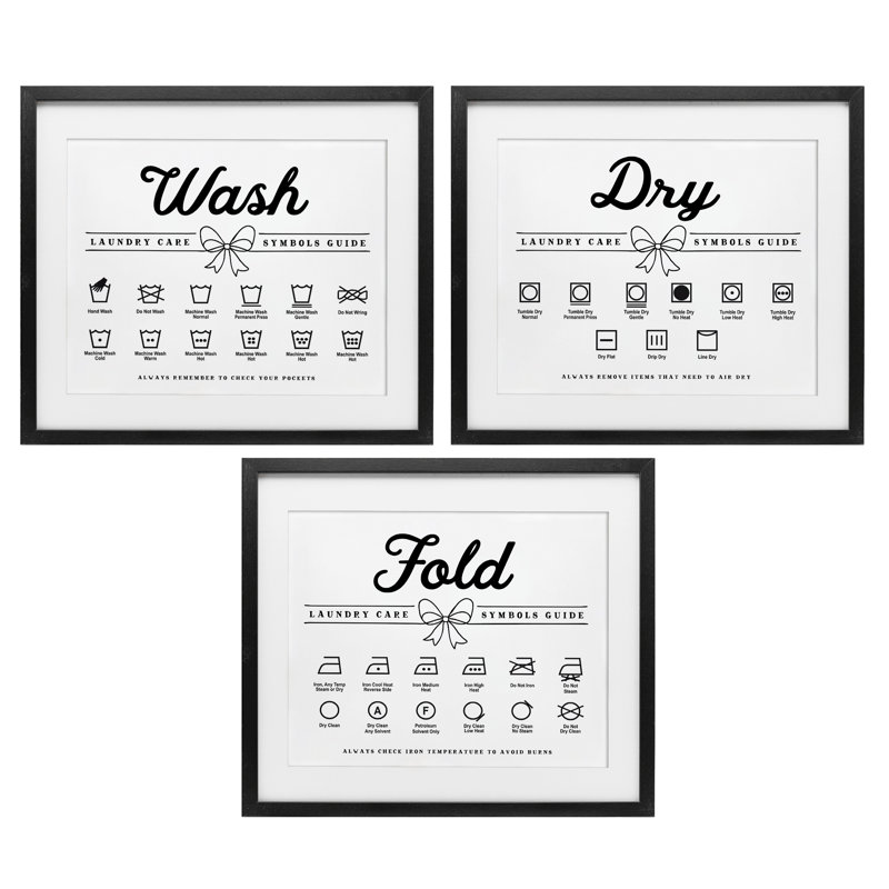 «Wash Laundry Symbols Bow Accent», ensemble de 3 impressions encadrées sous verre, H 17 po x l 63 po, Cadre noir minuit