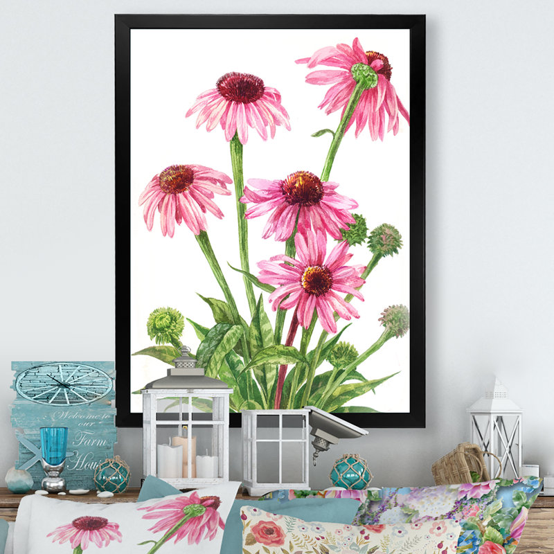 «Blossoming Pink Echinacée - Farmhouse», œuvre d'art sur toile, H 12 po x l 8 po x P 1 po, Cadre photo noir