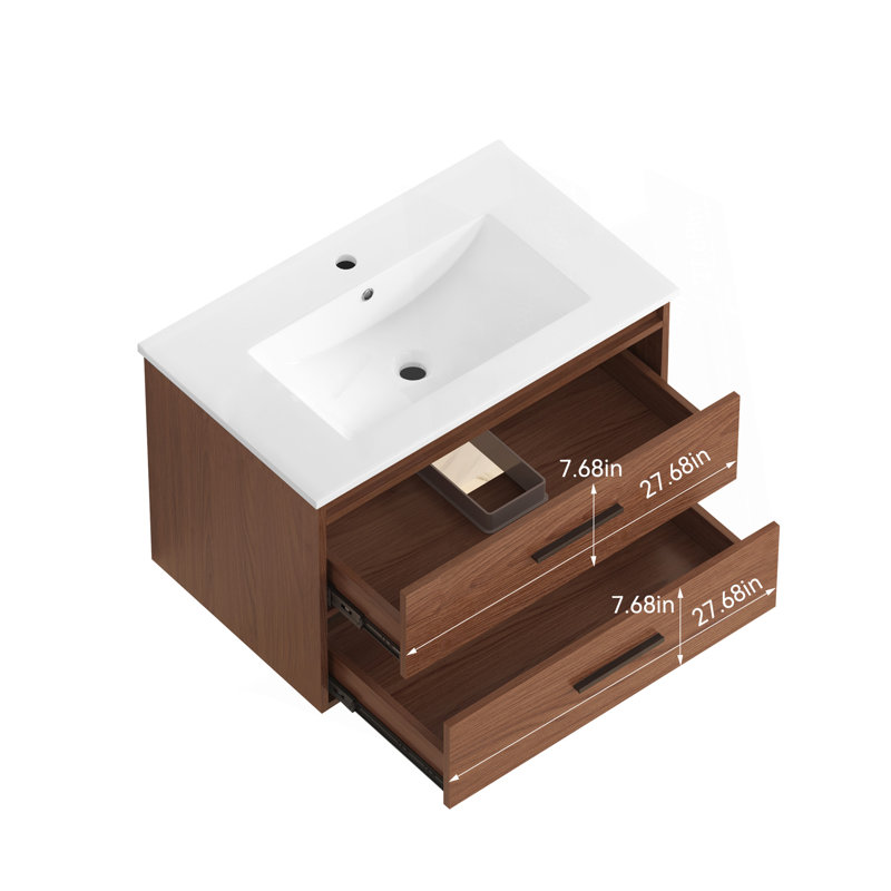Ensemble de meuble-lavabo mural 30 po à 2 tiroirs, brun rougeâtre