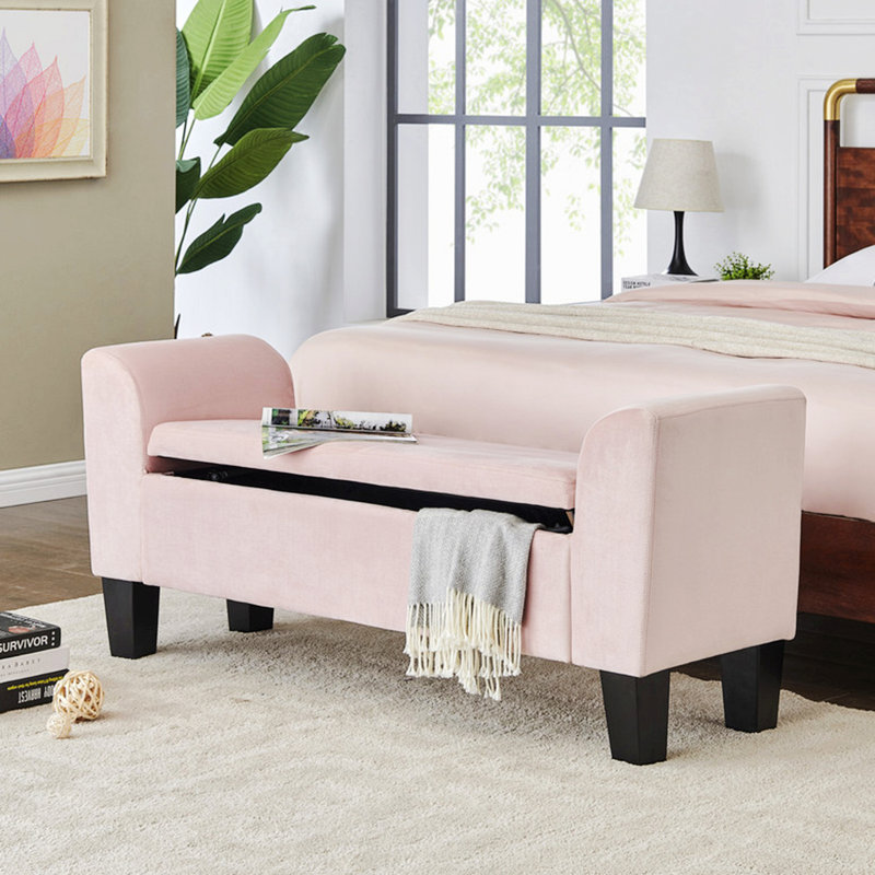 Velvet Upholstered Storage Bench, Pink