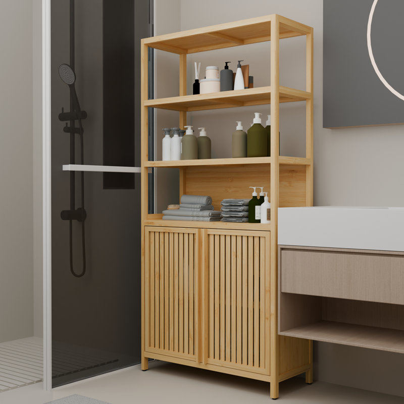 Étagère de rangement 64 pouces à double porte à double porte multi-scène avec 2 tablettes ouvertes, tablettes intérieures et loquet magnétique, couleur naturelle, grande capacité pour le rangement des peignoirs