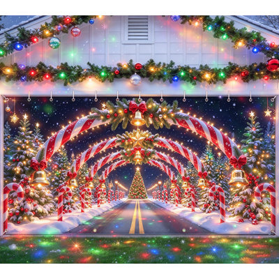 Christmas Garage Door Cover 7X16ft Decorations, With Magnetic Hook And Elastic Cord For Easy Installation, Christmas Decoration Banner Backdrop For 2 Car Garage Door Party Wall Gate