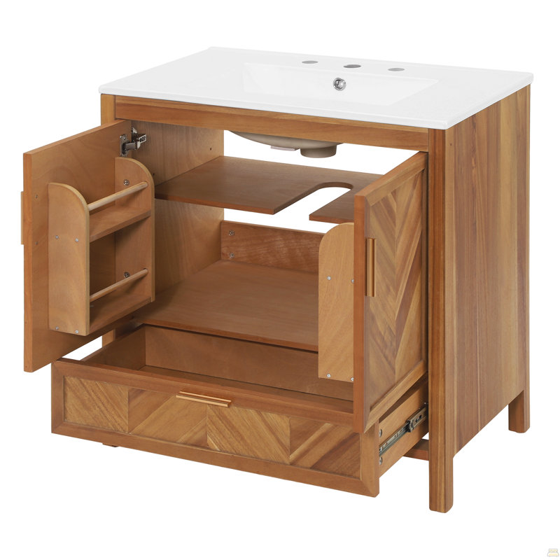 Meuble-lavabo autoportant de 30 pouces avec comptoir en céramique blanc intégré, armoire à chevrons en placage de bois d'acacia naturel à finition lisse, portes à fermeture en douceur et tiroir à extension complète, B