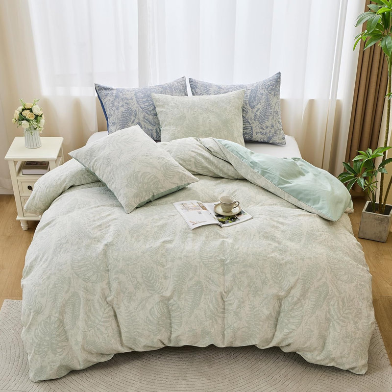 Ensemble de housse de couette jacquard floral 3 pièces, Vert Monstera, Housse de couette très grand et 2 très grandes t