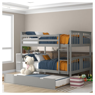 Lit double superposé au dessus d'un lit double avec gigogne simple et échelle - Mobilier de chambre d'enfant en bois massif gris pour économiser de l'espace