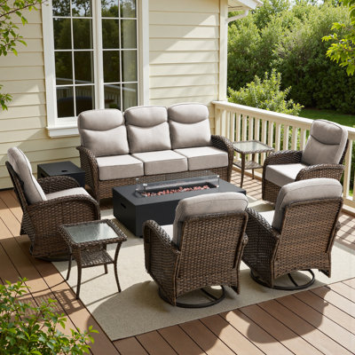 8- Piece Outdoor Porch Sofa Conversation Set With Split-Type Fire Pit Table & Swivel Chairs