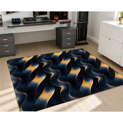 Tapis à motif dégradé moderne et abstrait bleu doré, motif fluo tourbillonnant brillant, tapis antidérapant doux et durable lavable à la machine, décoration intérieure élégante pour le salon, la chambre à coucher, le bureau, un appartement, les zones très fréquentées