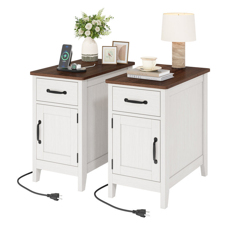 Table de bout étroite avec station de charge, prise rabattable et USB-C, table de chevet avec tiroir et armoire, Blanc / Brun