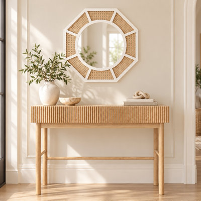Ensemble console cannelée 2 pièces et miroir mural en rotin