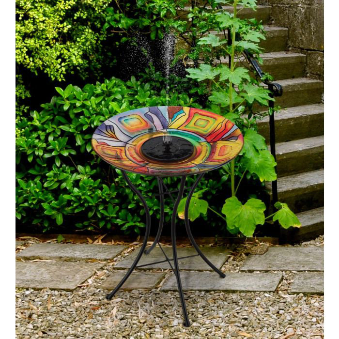 Colorful Art Glass Solar Fountain Birdbath with Stand