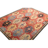 Distressed Homage Hand Knotted Wool Geometric Area Rug in Blue, Beige, Black, Red