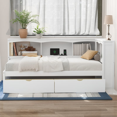 Solid Wood Daybed With Two Storage Drawers, Storage Cabinets And USB Ports