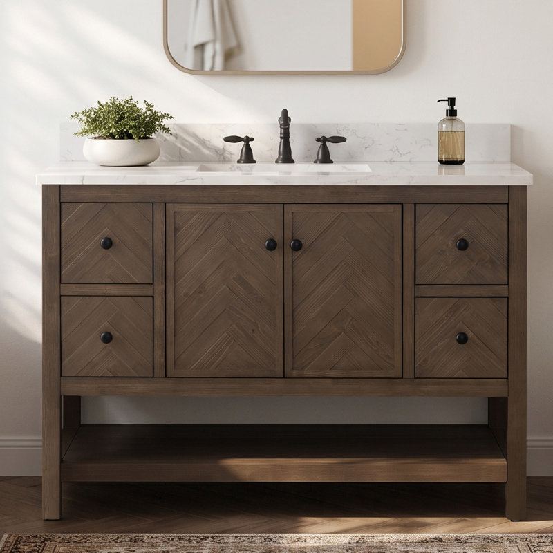Meuble-lavabo simple autoportant à chevrons de 48 po avec plateau en pierre d'ingénierie Chazden, Cocoa Brown, Matte Black