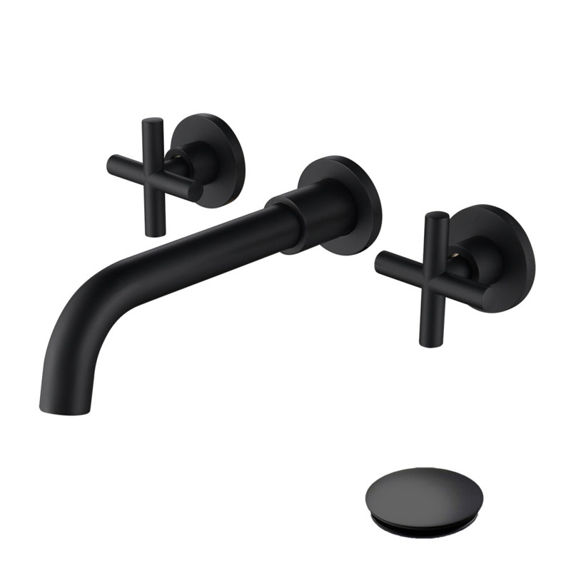Wall Mounted Bathroom Sink Faucet With Pop-Up Drain (No Overflow), Matte Black