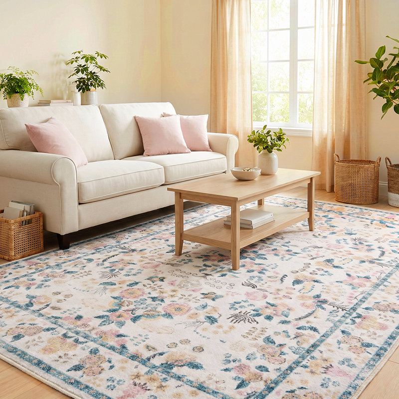 Floral Vintage Boho Washable Area Rug 8x10, Non-Slip Low Pile Ultra-Thin Soft Throw Rug, Non-Shedding Indoor Carpet for Entryway Bedroom Living Room Kitchen Bathroom Dorm Playroom