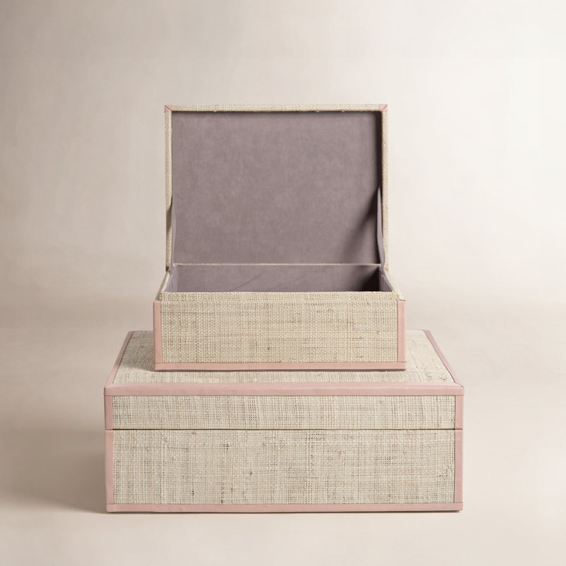 Boîte décorative en raphia et cuir faite à la main Hadaway, H 4,5 po x l 12,5 po x P 10 po, Rose / naturel