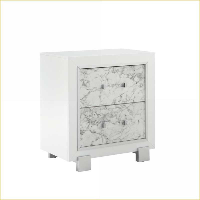 Table de chevet en marbre d'hévéa blanc avec tiroir spacieux