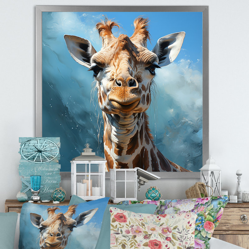 Girafe brune rêveuse à long cou sur toile, H 16 po x l 16 po x P 1 po, Cadre doré simple