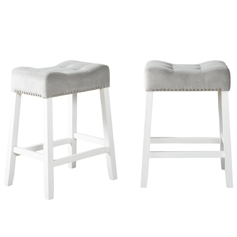 2 tabourets à hauteur de comptoir, sièges en selle de velours gris, blanc délavé, bois d'hévéa massif durable 2 tabourets de,
