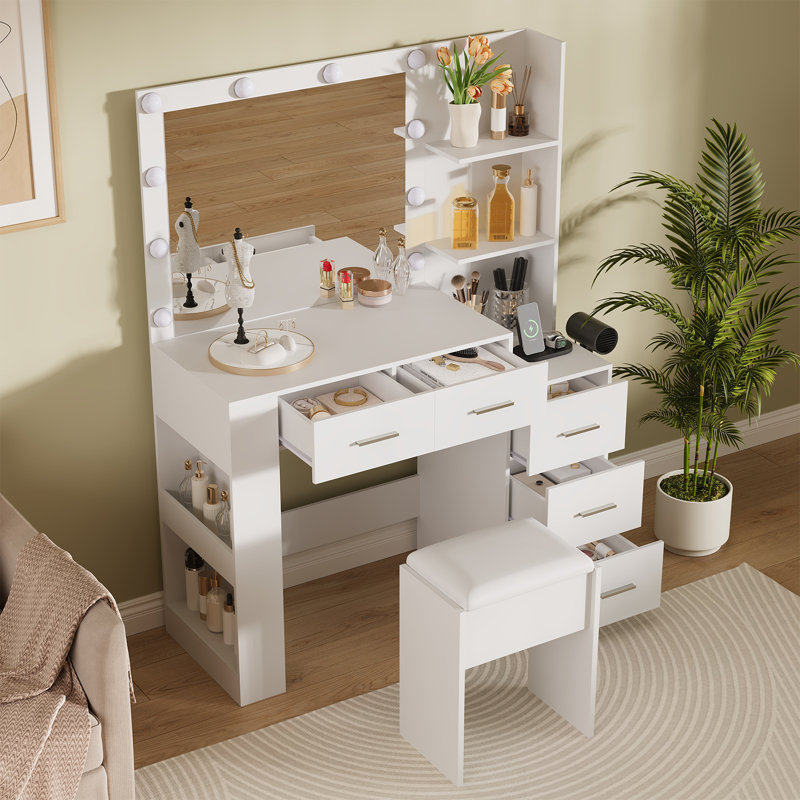 Makeup Vanity with Mirror and Stool, Power Outlet, Hairdryer Holder, White