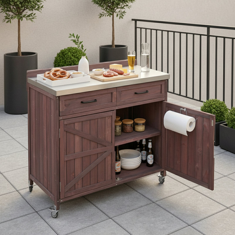 Îlot de cuisine extérieur en acier inoxydable avec tablettes réglables et supports de rangement internes, Brun