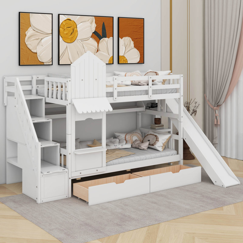 Lit superposé simple au-dessus d'un lit simple de style château avec tiroirs et tablettes, Blanc