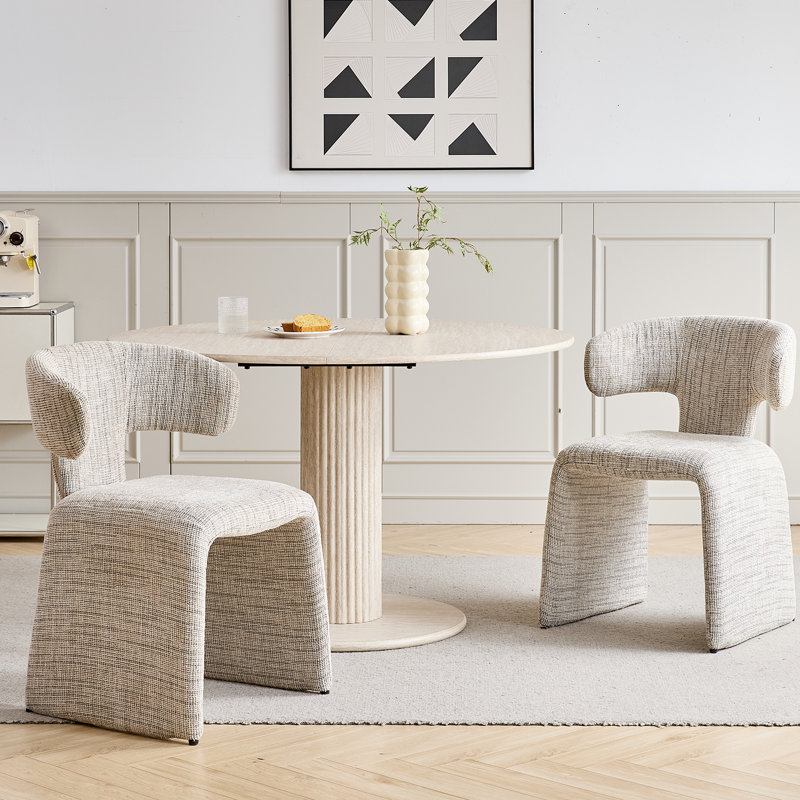 Nordic Style Upholstered Dining Chairs, Curved Back Linen Fabric Side Chairs With Integrated Legs, For Dining Room Kitchen, 2
