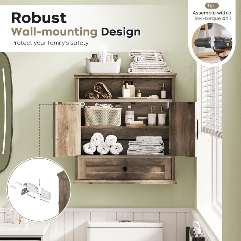 Bathroom Wall Cabinet, Wall Mounted Medicine Cabinet With Drawer, Barn Door & Adjustable Shelf,  Over Toilet Farmhouse Storage Cabinet For Kitchen, Laundry, Entryway