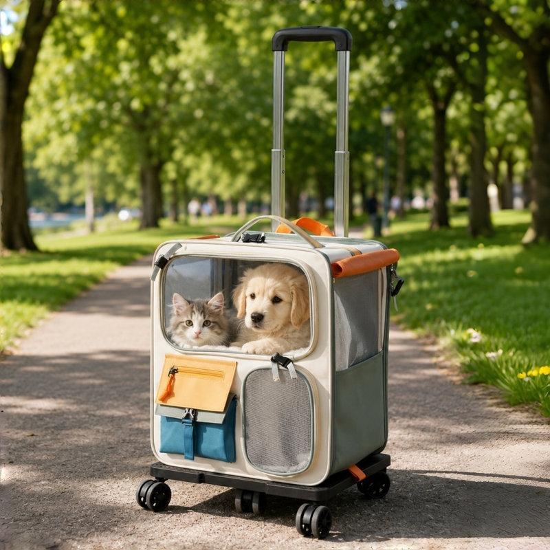 Sac à dos de transport pour animaux de compagnie à grande capacité pour plusieurs chats et petits chiens, bagage de fenêtre transparent et respirant pour animaux de compagnie en été, cage de transport portable polyvalente pour animaux avec base roulante amovible pour les promenades en plein air et les longs voyages
