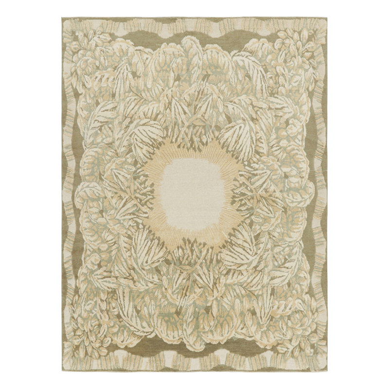 Art Deco Hand Knotted Wool Floral Area Rug, Rectangle 5' x 7'