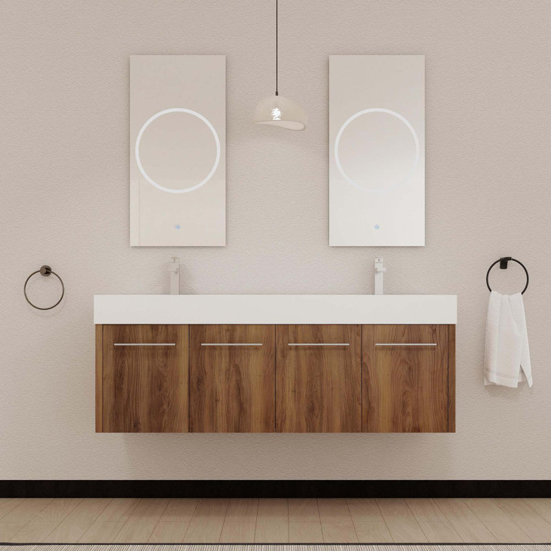 Meuble-lavabo mural 60 po avec lavabo, lavabo à double rebord épais en résine, Blanc