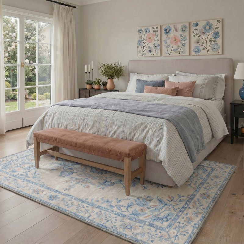 Vintage Floral Machine Washable Blue /Beige Indoor Area Rug With Non-Slip Backing, Rectangle 9' x 12'