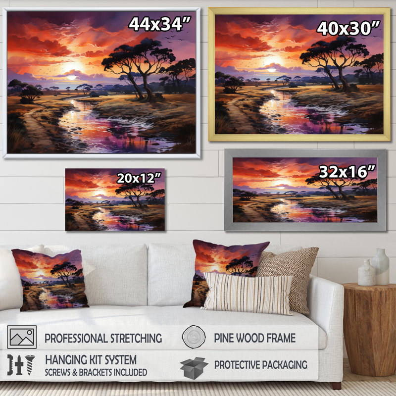 Coucher de soleil africain sur un Serengeti sur toile, H 16 po x l 32 po x P 1 po, Cadre doré à une seule photo