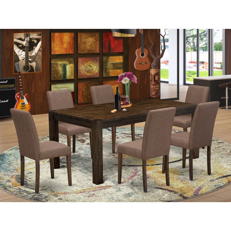 Ensemble de table de salle à manger moderne 7 pièces composé d'une table rectangulaire en bois rustique et de 6 chaises rembourrées en tissu de lin sable