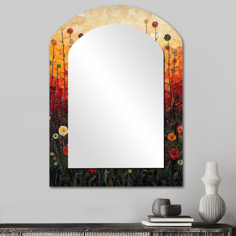 Sunset Wildflowers Glory I - Floral Arch Decorative Mirror On Metal, 34" x 25"