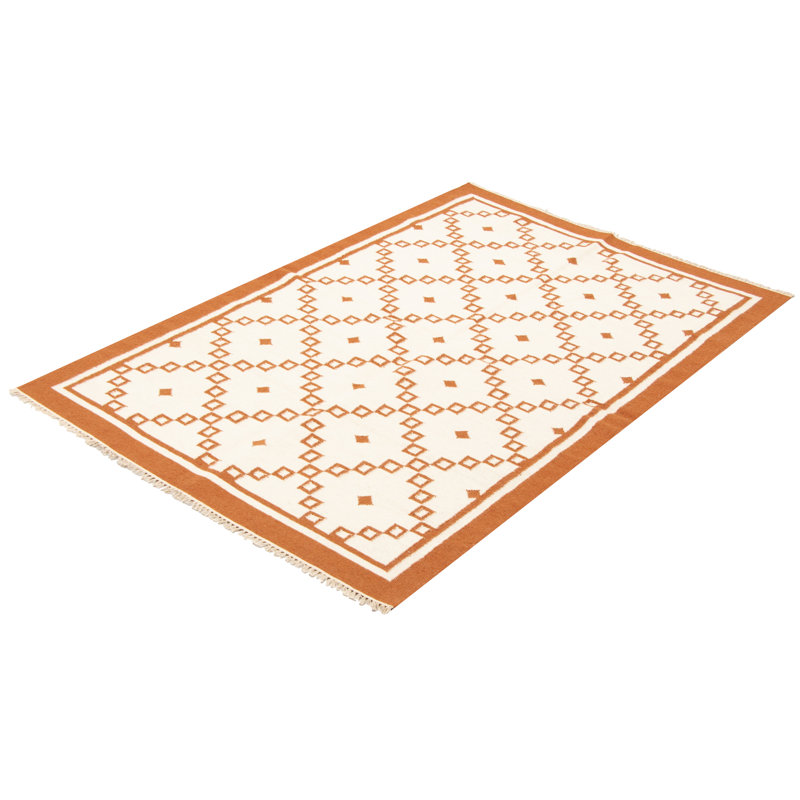 Tapis orange / ivoire en laine à motif géométrique tissé à plat à la main New Ashford