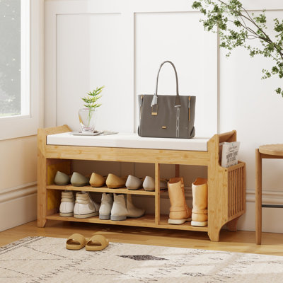 Banc de rangement pour chaussures avec siège rembourré, bambou naturel, vestibule mince