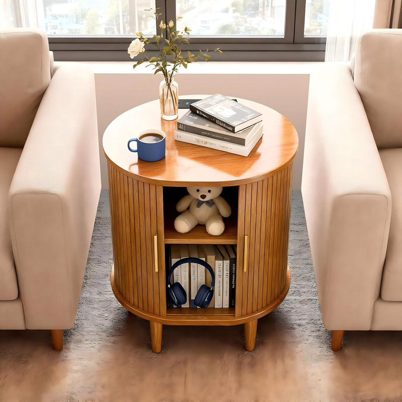Nightstand With Charging Station, Fluted Accent Side Table With Sliding Door & Adjustable Shelf, Mid-century Modern End Table For Small Space, Living Room, Bedroom