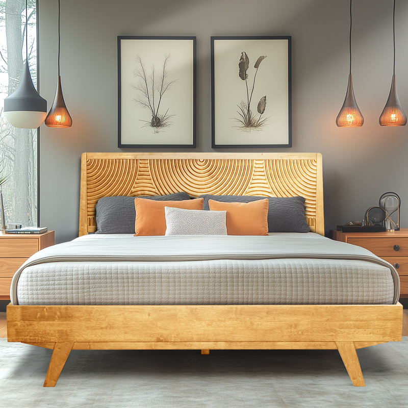Structure de lit plateforme en bois massif avec tête de lit - Style moderne Mid-Century, grain de bois sculpté, assemblage facile avec outil intelligent, aucun sommier tapissier requis