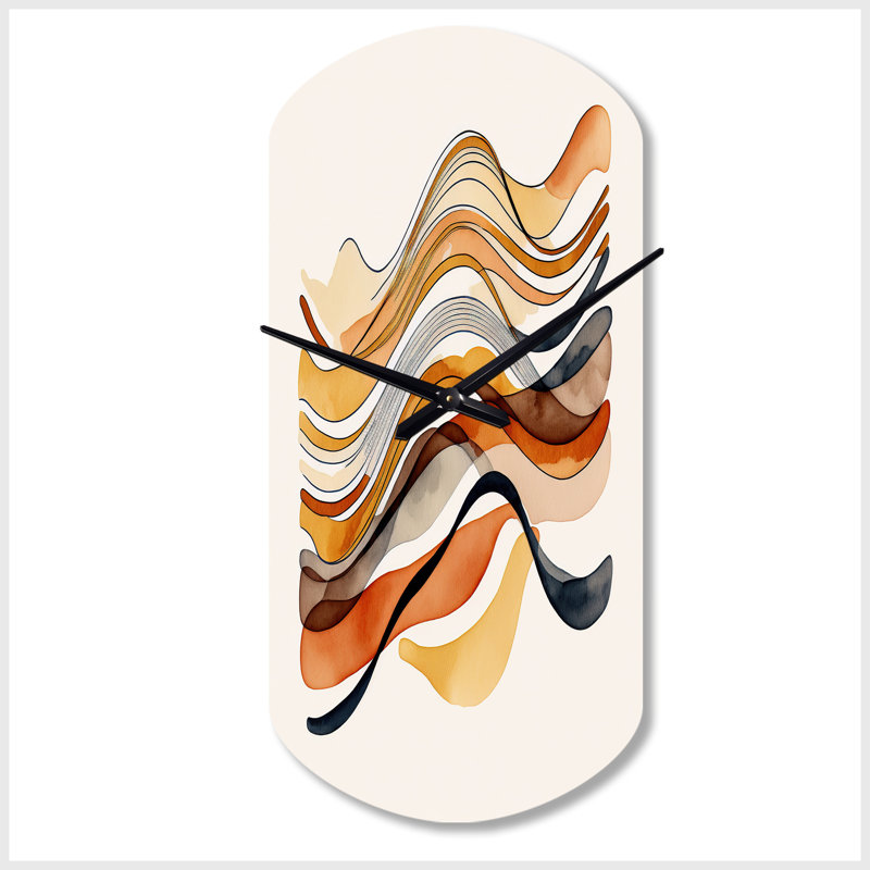 «Burnt Orange Waves Abstract I - Minimalisme», horloges asymétriques en métal, horloge murale cylindrique, Petit