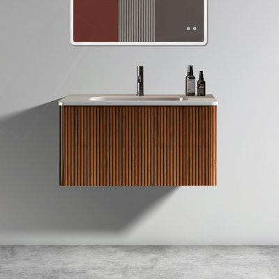 Striped Bathroom Vanity With White Ceramic Sink, Wall Mounted Floating Bathroom Vanity For Modern Bathroom, Pre-Assembled