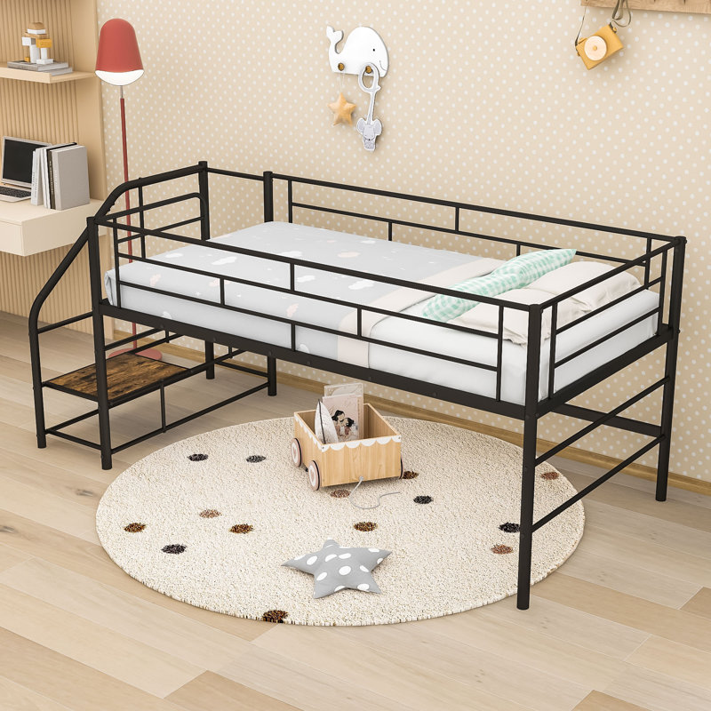 Twin Mid Loft Bed With Integrated Storage Stairs And Guardrails, Black