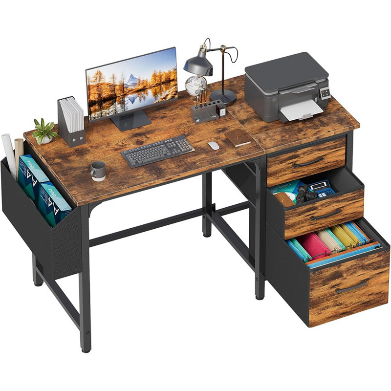 Bureau d'ordinateur avec classeur en tissu, bureau réversible de 47 pouces avec classeur pour petits espaces, bureau d'écriture pour bureau, brun rustique
